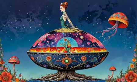 Harry Clarke and Virginia Frances Sterrett illustration of a fashionable android, emerging from an embryonic nebula colorful iridescent liquid, a rising creature bathes in cosmic flame, plants floating against a blue sky background, steampunk television set, cyberpunk psychedelia, decorated by mushroom and floral calligraphic Art Nouveau flourishes <lora:TQ_-_Newspaper_Style:1>