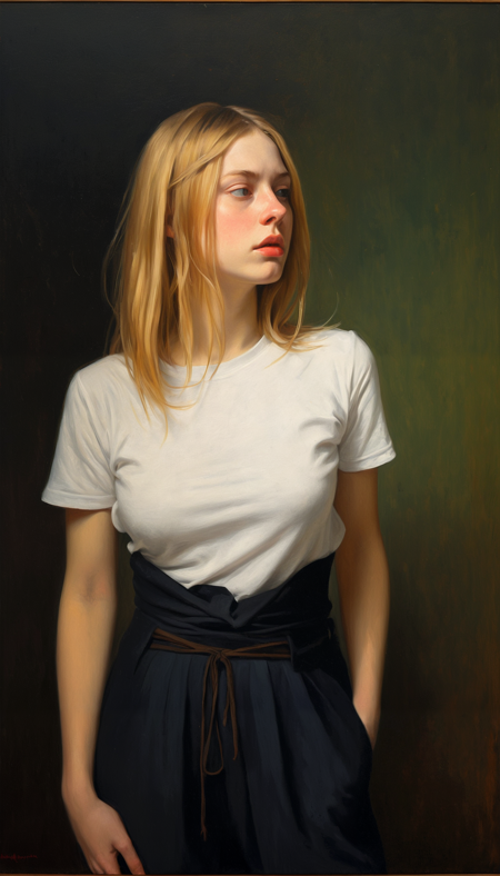 Classical oil painting,  is a portrait of a young woman standing in front of a black background. She is wearing a white t-shirt and black pants. Her blonde hair is styled in loose waves and falls over her shoulders. She has a serious expression on her face and is looking off to the side. The lighting is dramatic and the overall mood of the image is somber.Caravaggio Vermeer Blake Sargent Turner Lautrec Degas Monet Manet Cassat Morisot Münter Kollwitz Malfatti Werefkin chiaroscuro Schjerfbeck,bold colours deep shadows, red blue green yellow brown black, dark thick inky shadows, reflected light subsurface scattering