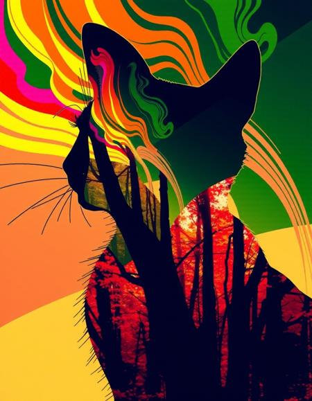 double exposure effect of cat silhouette, through cat silhouette we see abstract expressionist painting Pop Art image of autumn forest, straight lines and solids, (((warm colors))), green, intricate details, a vibrant digital illustration, dribbble, quantum wavetracing, behance hd, vivid colors, flat color, 2D, strong lines, Pop Art . energetic brushwork, bold colors, abstract forms, expressive, emotional, background is smooth colorful streams of smoke