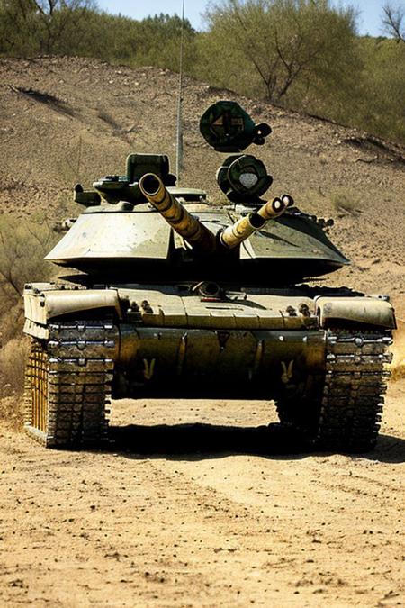 tank, 1tank. day light, full view, red lights., desert., close view, side view