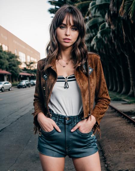 cinematic photo close shot photo of <lora:quiron_RileyReid_v1_Lora:0.87> RileyReidQuiron woman wearing an expensive  Faux suede fringe jacket with a boho-inspired and free-spirited vibe and black    striped tube socks with denim overalls,  hd, hdr, 2k, 4k, 8k, canon, kodak,  . 35mm photograph, film, bokeh, professional, 4k, highly detailed