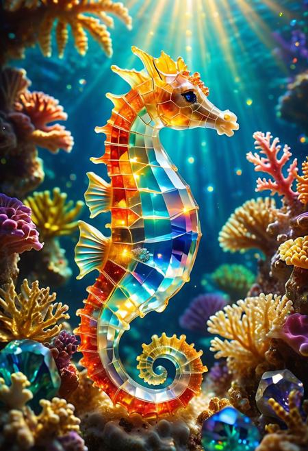 high quality, photography, high definition, highly detailed. cs-cr1stal-v2 a wonderful seahorse made of colorful crystals with gold borders, slightly transparent letting rays of light glowing through.
Background is a sweet underwater coral reef in the summer light, very peaceful ambiance.