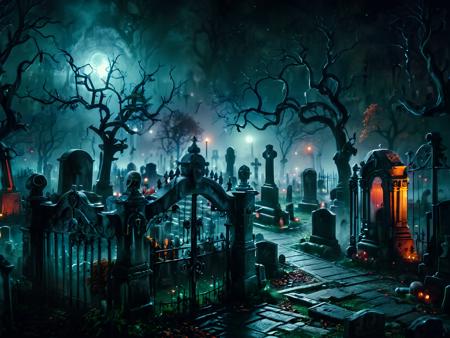 nighttime, view from top down  of massive cemetery stretching for miles, surrounded by an iron fence, iron gate, tombstones, mausoleums, ground fog , dead trees, spooky atmosphere   <lora:d\EnvyTinyWorldsXL01:1> tilt shift <lora:extremely_detailed:1> dramatic lighting, masterpiece, 8k, vivid colors  <lora:ral-mtclniscp-sdxl:1>