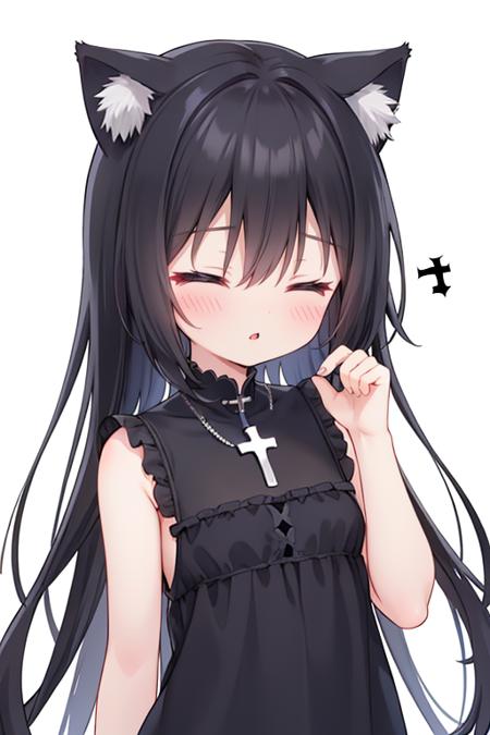 noir, xingbailieche, 1girl, solo, cross, animal_ears, black_hair, long_hair, sleeveless, parted_lips, cross_necklace, bangs, white_background, dress, black_dress, closed_eyes, sleeveless_dress, simple_background, blush, jewelry, hair_between_eyes, cat_ears, animal_ear_fluff, facing_viewer, upper_body, >_< <lora:noir-youti-v1:0.3>