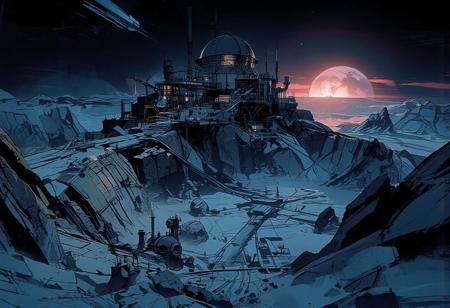 Aerial view, looking down upon a massive lunar crater. A scientific research station, almost a futuristic city, stands on the edge of this vast lunar basin. Large boulders and small rocky spurs are scattered throughout the terrain. The city is perched atop a towering rocky outcrop, overlooking the immense crater, which resembles a barren valley.
The station's architecture is sleek and harmonious, made of glass and steel. A grand building with a colossal astronomical observatory dome dominates the other structures. Multiple platforms host residential and research facilities, with scattered lights, intricate staircases, and antennas spread throughout. The city is surrounded by a vast expanse of frozen rock.
At the base of the outcrop, a dozen smaller research domes, pipelines, conduits, and massive extraction machines fill the foreground, where activity is bustling across the plain. In the middle of the frozen crater, a spaceport stands. The sky is intensely illuminated as the sun sets, casting a bluish glow over the icy city. The air is frigid, with ice crystals drifting in the wind, lifting snow and dust just above the ground. In the distance, Earth is visible, setting on the horizon.