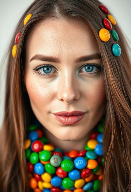 Closeup of a woman made out of m&m candies, white background