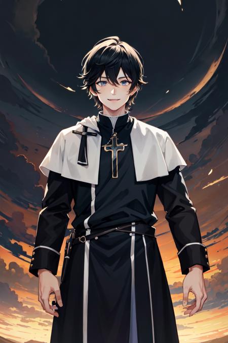 AxiaKrone, blue eyes, black hair, 1boy, solo, smile, standing, dynamic pose, <lora:AxiaKrone-03:0.4>, 8k, masterpiece, best quality, absurdres, perfect anatomy, cinematic lighting, cowboy shot, (priest uniform:1.1),