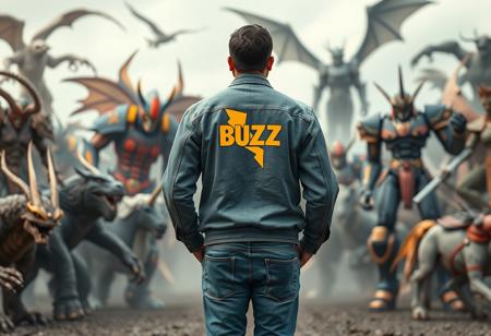 the back view of a man with jeans and a jacket with a yellow bolt logo and the word "BUZZ" with his hands in his pocket, walking in the middle of monsters, samurais, robots, pegasus, unicorns, mechas, giants,