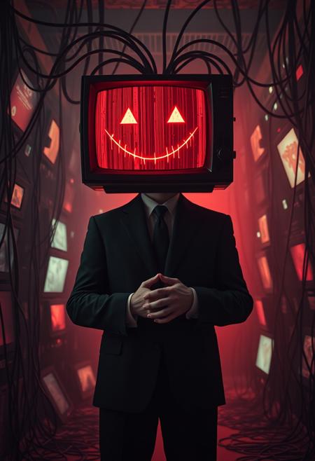 Cinematic, Beauty, Realism, Light and Shadow, Cinematography, Film Stills, A surreal and eerie scene featuring a man with a television as his head, displaying a sinister red smiley face dripping with digital distortion. The figure is dressed in a sharp, dark suit, standing in a dimly lit, dystopian environment. Thick, black cables emerge from the back of the TV head, intertwining with the background's chaotic mess of wires and broken screens, all bathed in an ominous red glow. The hands are clasped together, giving off a menacing yet composed demeanor, as if he is in control of this chaotic digital landscape. The atmosphere is dark, unsettling, and charged with a sense of looming danger. Highest-Quality, 4k, intricate details, visually stunning, Masterpiece