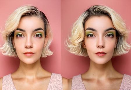 ((before/after hair makeover)), (same beautiful 22 yrs woman), 2 images, image wavy short French bob haircut, ((same woman)), dark hair, soft makeup, Pastel sleeveless dress, eye contact, vivid Soft colors, award winning photo, inspired by Martin Schoeller, Film color photo, Hasselblad 500c, Kodak Portra 400, hyperrealistic, wide-angle close-up photography, three quarter body portrait, f1.4, 6:9 120film,