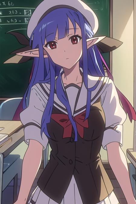 shufflenerine, <lyco:nerine-LYCORIStest:1>,
nerine, long hair, blue hair, pointy ears, (red eyes:1.5),
BREAK skirt, hat, school uniform, short sleeves, socks, puffy sleeves, puffy short sleeves, beret,
BREAK looking at viewer,
BREAK indoors, classroom, 
BREAK <lora:GoodHands-vanilla:1>, (masterpiece:1.2), best quality, high resolution, unity 8k wallpaper, (illustration:0.8), (beautiful detailed eyes:1.6), extremely detailed face, perfect lighting, extremely detailed CG, (perfect hands, perfect anatomy),