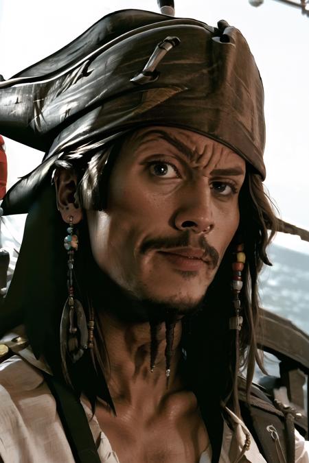 Highly detailed, High Quality, Masterpiece, beautiful, RocksEyebrowRaise, <lora:RocksEyebrowRaise:1>, 1boy, solo, portrait, raised eyebrow, thick eyebrows, jack sparrow, brown eyes, hat, brown hair, earrings, hat, pirate, jewelry, shirt, short hair, white shirt,  <lora:Char_Sigmas_JackSparrow:1>