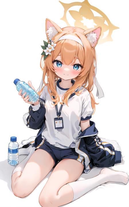 ((masterpiece,best quality)),((white background)),

mariTrack, 1girl, mari (blue archive), solo, animal ears, halo, bottle, flower, official alternate costume, hair ornament, hair flower, orange hair, long hair, jacket, gym uniform, water bottle, looking at viewer, blue eyes, hairband, blush, sitting, animal ear fluff, white hairband, holding, sweat, holding bottle, locker, shirt, bangs, white shirt, track jacket, socks, short sleeves, white socks, shorts, buruma,smile,

<lora:iochiMari:1>,