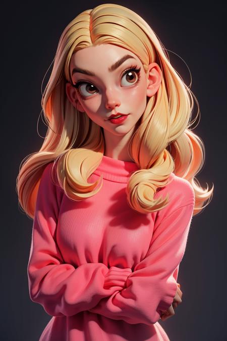 3dmm style,(masterpiece, top quality, best quality,ATLJ, 1girl, solo, sweater, looking at viewer, parted lips, realistic, black background, red sweater, simple background, upper body, long hair, blonde hair, head tilt, red lips, long sleeves, masterpiece, best quality,