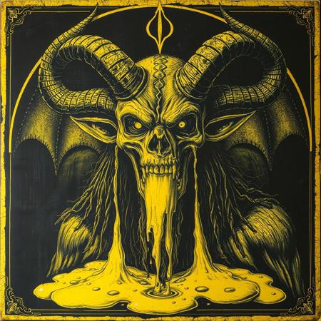 Occult gothic doom metal abum cover with yellow and black theme featuring a ultra-drooling baphomet with wet yellow ooze dripping from his mouth, liquid seeping from his face, gargling piss