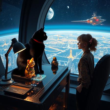 A sleek black cat with red collar sits on a cluttered metal riveted desk with transparent top and micro-LED lighted computer components visible inside, On the desk is a gold and lacquer maneki neko statue and an art deco desk lamp, the Black Cat is looking out of a seamless and futuristic floor to ceiling window that looks out at a planet from low orbit, the planet is covered with the lights of enormous buildings and cities, (((a beautiful woman, 24 years old, is standing next to the desk the cat is sitting on and looking longingly out the window, the woman is dressed in an ornate Japanese style shirt and tight leather pants with an ornate design. An enormous deco starship with futuristic lighting and an enormous space station are visible in the background among the stars, The woman's hair is messy from just waking up and tied up with a ribbon.  Artistic cyberpunk, dynamic perspective, (((overall architectural aesthetic is Art Deco Cyberpunk))).  Epic image that elicits a feeling of wonder and awe,