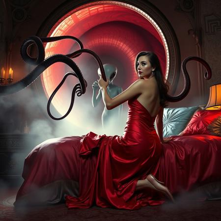 Classy lady in a rich red, glossy satin nightgown, elegant high heels, and bold lip color, kneeling on a luxurious Victorian bed, surrounded by weird foil pillows, struggles to break free from the grasp of long, slimy alien tentacles emerging from a giant, swirling portal in the wall, shrouded in fog, as two gray aliens with large, almond-shaped eyes observe her from the portal's threshold, leading to an ominous, dimly lit alien spaceship harem chamber, inspired by the dark, sensual, and surreal styles of H.R. Giger, Zdzisław Beksiński, and Ash Thorp, with intricate textures, metallic sheens, and an eerie, pulsing glow. from behind