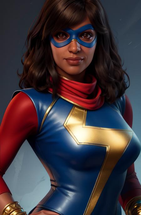 Khamala,brown eyes,dark brown hair,lips,standing,close up,upper body,smile, 
blue domino mask,red scarf,tight red and blue bodysuit with gold trim,blue footwear,gold bangle, (insanely detailed, beautiful detailed face, masterpiece, best quality),
 <lora:Khamalakhan-10v7:0.8>