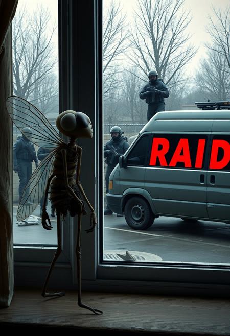 A humanoid with insect-like features stands next to the window. This human-shaped fly has translucent wings, thin arms, and large, compound eyes, wearing a simple, makeshift tunic of scraps. It stares out the window in shock and curiosity. Outside, a heavily armed RAID team assembles, all wearing tactical suits and holding specialized equipment designed for extermination. Their van, parked nearby, has the word 'RAID' boldly printed on the side in bright, intimidating letters. The scene is tense yet surreal, as the fly nervously watches them prepare for action, aware of the imminent danger yet frozen in place.