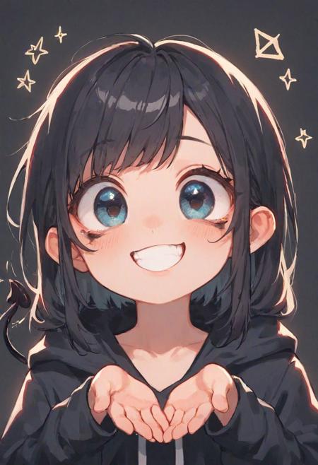 score_9, score_8_up, score_8, 1 girl, Portrait of a cute long-haired demon girl,black hair, black hoodie, swaying demon tail,Asian girl,breeze, playful and cute movements and expressions,happy smile,raised hands,delicate makeup,charming big eyes,simple dark background,chibi,thick painting style,minimalism, 2D, black background,