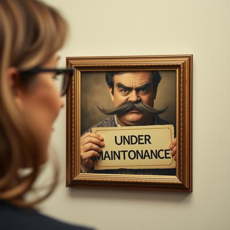 an out of frame woman stares fondly at a framed old picture of a man with a frown and bushy eyebrows that covers his eyes entirely, a ridiculously large moustache, and holding up a sign saying "Under Maintenance"