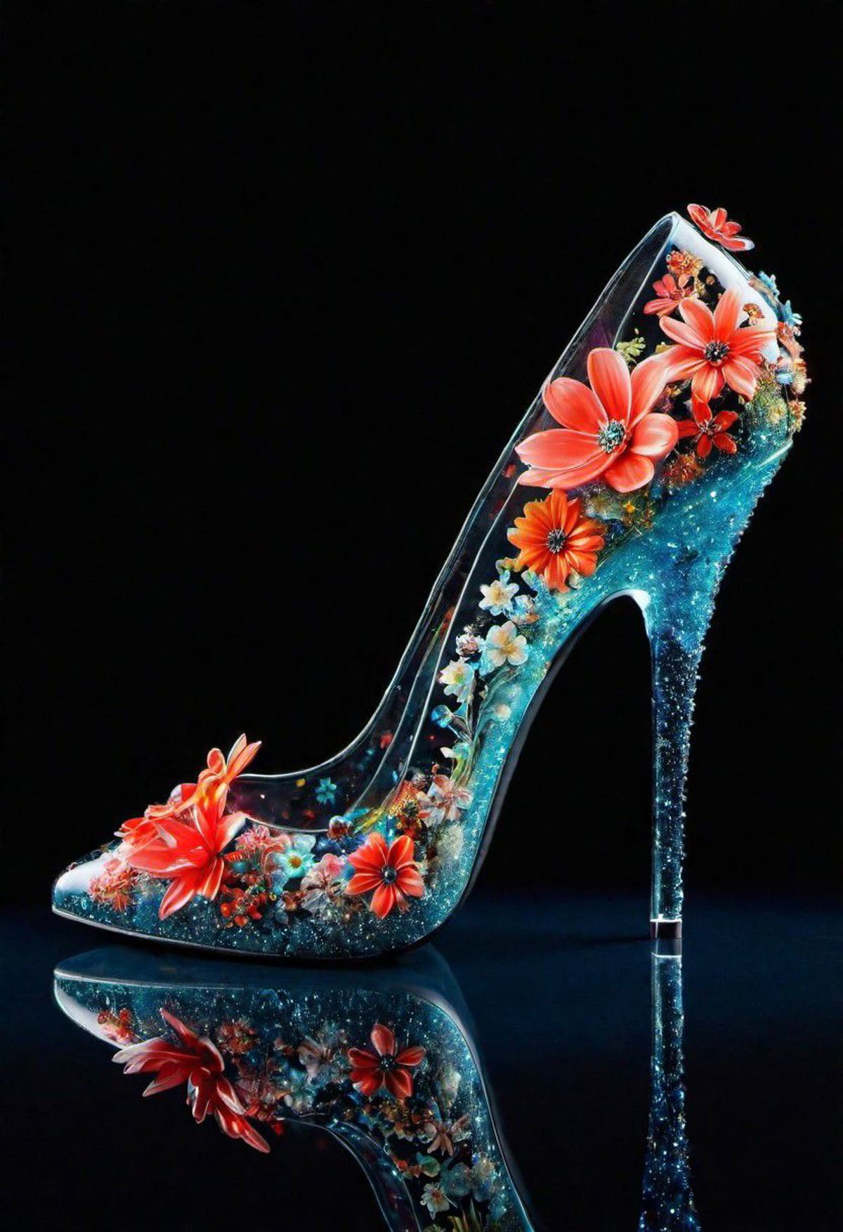 A high-heeled shoe with flowers on it.