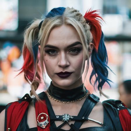 High res closeup portrait photo of an actress dressed as Harley Quinn, f /2.8, Canon, 85mm,cinematic, high quality, skin texture, looking at the camera,  joxskriver, <lora:joskriver_juggerX_xl_1_woc-joxskriver-000093:1>
