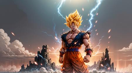 Super Saiyan Goku unleashes a massive energy wave while standing on top of a mountain, the surroundings are filled with lush greenery, and the sky is a mix of orange and purple hues. Orange smoke energy emanates from Goku's entire body. The energy wave is bright blue with electric sparks around it. (anime:1.2), (dramatic lighting:1.1), (vibrant colors:1.3), (cell-shaded:1.1), (dynamic composition:1.2) <lora:Dragon Ball_v2:0.6>,