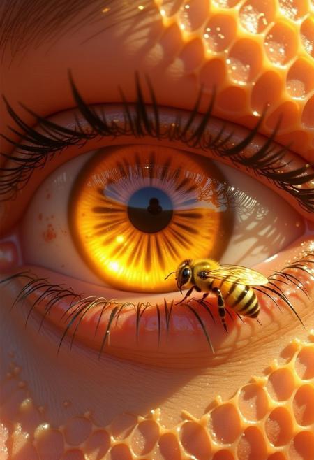 Illustrate a surreal, macroscopic close-up of a human eye, its perfectly formed honeycomb pattern merging with the iris. The hexagonal cells appear to extend inward like a tunnel of light and order, each chamber subtly vibrating with golden light. The pupil rests at the center of this tunnel, a dark portal surrounded by symmetry and structure. 
The skin surrounding the eye is covered in a biomimetic mesh reminiscent of the architecture of a beehive: hexagonal tessellations that extend like scales over the eyelid, eyebrow, and upper cheek, blending seamlessly into the natural skin tones. A bee lands delicately on the lower eyelid, its tiny wings capturing the ambient light, its slender legs brushing the border between the hive eye and human skin as if to deliver a secret. The bee is anatomically realistic, its eyes reflecting the honeycomb pattern that seems to attract it. The eyelashes curve like antennae, slightly iridescent at their tips, creating a unified aesthetic between insect and human. The lighting should be both intense and intimate: reflections on the moist surface of the iris, shadows forming between the honeycomb-like ridges of the skin, and a subtle halo of light in the reflection of the bee's eye. The concept should express the union of nature and consciousness, where the eye becomes the central organ of the hive—a visual metaphor for collective intelligence, ecological awareness, and the silent, powerful intelligence of pollinators within a shared biosphere.
