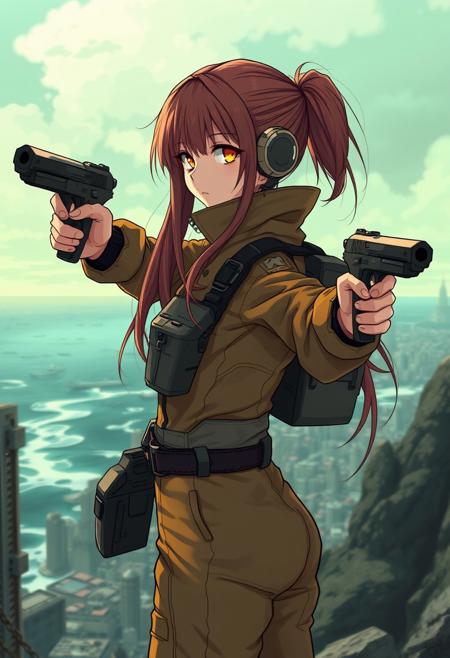 1girl, ((side view))), looking at viewer, highly detailed, from front, 1girl, skinny, looking at viewer, masterpiece, best quality, 
raw, extremely detailed, hyperrealism, photo, perfect anatomy, source_photo, source_real, solo, looking at viewer, 1girl, full body, ((khaki haznat suit:1.5)), dynamic pose, pistols in hands
BREAK
looking at viewer, long hair, ((light brown hair)), long hair, dynamic pose
best quality, depth of field, bokeh, (((full clothed))), ((khaki haznat suit)),
BREAK
((((big futuristic gun in hands)))), (big futuristic pistol in hands:1.3), adventuress, dynamic pose, military hamzat suit
(((((post-apocalyptic city ruin, light blue ocean, green cloudy sky:1.9))))) score_9, score_8_up, score_7_up, score_6_up, source_cartoon, rating_explicit, Expressiveh, (((((upper body))))), dynamic pose
<lora:DandonFuga_Style_v.2_-_Pony:0.8>