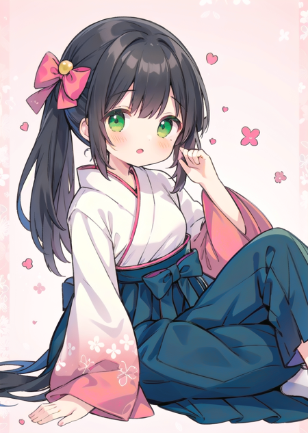 1girl dynamic angle dynamic pose, wide sleeves, furisode, (green hakama long pleated hakama:1.2), (gradient pink kimono) cherry blossum pattern, kimono, (pattern background:1.2), long black hair,