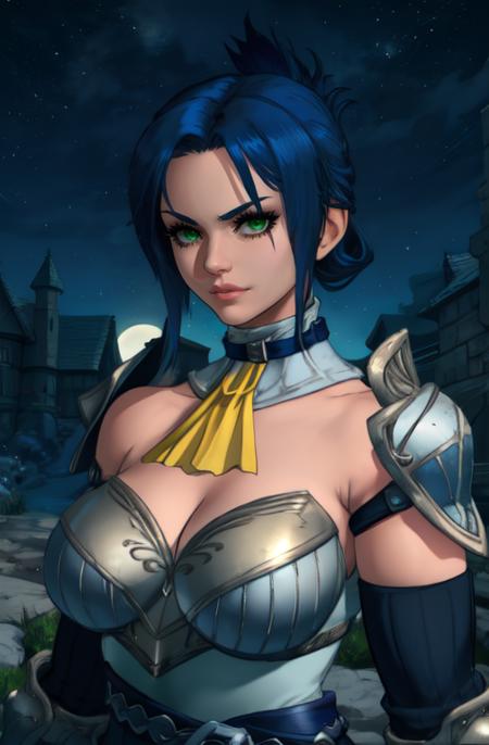 BlairDame,blue hair ,green eyes ,folded ponytail,
standing, , upper body , looking at viewer, 
breastplate,cleavage,belt, shoulder armor, elbow gloves, yellow neck handkerchief, armored choker, leotard, fingerless gloves, 
nighttime, stars, proving grounds,
(best quality, masterpiece, beautiful and aesthetic:1.2, highest detailed face, perfect face,)  <lora:BlairDame-10v6:0.8>