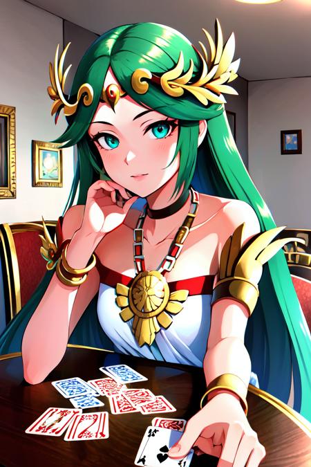 Highly detailed, High Quality, Masterpiece, beautiful, Palutena, <lora:Palutena:0.8>, 1girl, solo, green hair, mature female, PlayingCards, holding, card, table, holding card, sitting, indoors, playing card, pov across table, <lora:Pos_PlayingCards:0.5>