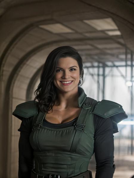 sci-fi portrait photo  t-shirt, pants, conservative attire, Gina_Carano modeling portrait, posing for camera, MMA fighter, action scene Epic background, perfect teeth, great skin, brown hair, brown eyes, ifbb, huge breast, alluring, hair lights, rim lights,  hallow depth of field, vignette, highly detailed, high budget Hollywood movie, bokeh, cinemascope, joyful, epic, gorgeous, film grain, grainy  <lora:Gina_Carano:0.6>