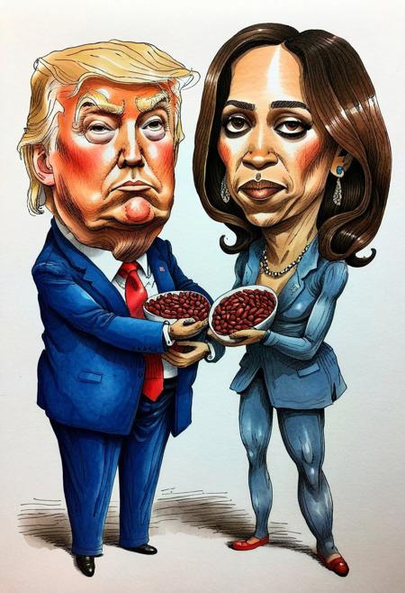 (hand drawn:1.5) (rough:1.5) ink and color (sketch:1.5) of Donald Trump and Kamala Harris counting and dividing red and blue beans, caricature in cuneo style, (full character:1.4),   (irregular lines:1.5), candid pose, extremely detailed, (surreal:1.5), paper texture background