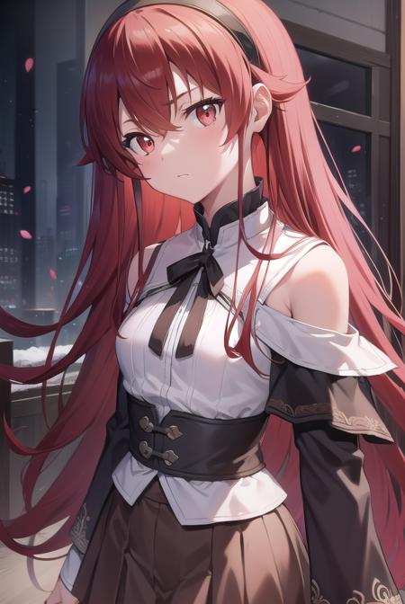 erisgreyrat, <lora:eristest:1>, 
eris greyrat, ahoge, hair between eyes, long hair, (red eyes:1.5), red hair, sidelocks, (small breast:1.2),
BREAK black hairband, black ribbon, brown skirt, hairband, long sleeves, neck ribbon, pantyhose, ribbon, shirt, shoulder cutout, skirt, white pantyhose, white shirt, wide sleeves,
BREAK looking at viewer,
BREAK outdoors, city,
BREAK <lyco:GoodHands-beta2:1>, (masterpiece:1.2), best quality, high resolution, unity 8k wallpaper, (illustration:0.8), (beautiful detailed eyes:1.6), extremely detailed face, perfect lighting, extremely detailed CG, (perfect hands, perfect anatomy),