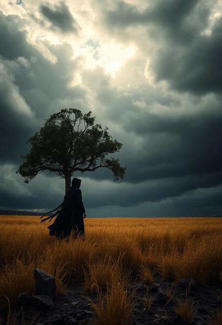 A high-resolution, dramatic photograph of a lone tree standing in the middle of a golden field of tall, swaying grass. Above, dark, stormy clouds dominate the sky, with a break in the clouds allowing a glimpse of light to shine through, creating a striking contrast between the dark sky and the illuminated landscape. The scene is moody and atmospheric, evoking a sense of impending storm and the beauty of nature's raw power. The tree, with its gnarled branches and dark leaves, stands as a focal point against the vast, turbulent sky. raw movie poster, (masterpiece, best quality:1.5), atmospheric and moody weather, sky partially obscured by dark swirling clouds, desolate heath at twilight, with storm clouds swirling overhead, ground is rough and muddy, scattered with jagged rocks, in the dim light, you see a shadowy figure standing in a dark tattered cloak, robes billowing in the wind, mysterious silhouette, dramatic lighting, ominous atmosphere, in the style of gothic art, visually captivating composition, incorporating the moonlight to create a hauntingly beautiful ambiance, contrasting shadows, extremely detailed