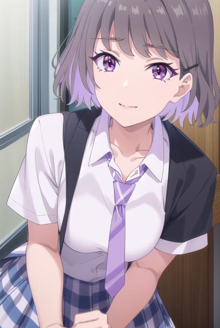 akaritanikita, <lora:akari tanikita s1-lora-nochekaiser:1>,
akari tanikita, short hair, bangs, (purple eyes:1.1), grey hair, multicolored hair, ahoge, smile,
BREAK skirt, shirt, school uniform, white shirt, short sleeves, pleated skirt, necktie, shoes, choker, socks, striped, collared shirt, black footwear, blue skirt, plaid, black choker, plaid skirt, black socks, sneakers, purple skirt, shirt tucked in, striped necktie, purple necktie,
BREAK indoors, classroom,
BREAK looking at viewer, (cowboy shot:1.5),
BREAK <lyco:GoodHands-beta2:1>, (masterpiece:1.2), best quality, high resolution, unity 8k wallpaper, (illustration:0.8), (beautiful detailed eyes:1.6), extremely detailed face, perfect lighting, extremely detailed CG, (perfect hands, perfect anatomy),