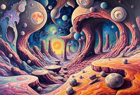 Within a surreal dreamscape, a mind-bending piece of art comes to life with illusionary depth and tilted angles. This psychedelic masterpiece transports viewers to a realm of subconscious artistry, where every detail defies reality. With dreamlike qualities and a mesmerizing mix of colors, the image exudes a sense of otherworldly wonder. Whether a painting or a digital creation, it captures the imagination with its ethereal beauty and impeccable execution. The artist's skill shines through, creating a truly exceptional and captivating work that is sure to leave a lasting impression.