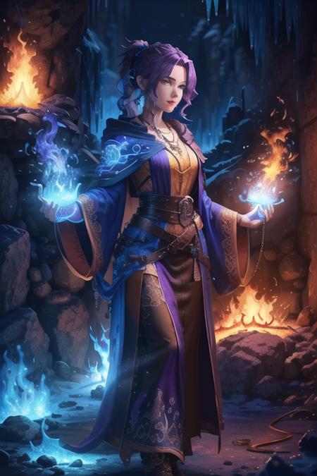 a medium color portrait illustration of an attractive female purple-haired wizard with a ponytail wearing long loose flowing intricately embroidered blue wizard robes smiling, masterpiece, best quality <lora:epiNoiseoffset_v2:1>, highly detailed (dungeon background), mage_glam, necklace, pouches, belts, (large glowing runed circles), ((fire and ice)), casting a spell <lora:blackMageFashion_v11:0.5>, highly detailed face, ultra high resolution , tfft <lora:tfft_alpha:1>  <lora:lightAndShadow_v10:0.5>