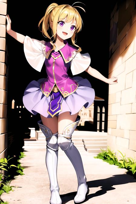 (masterpiece,best quality:1.2),clarinefe,small breasts,1girl,standing,facing viewer,skirt,thigh boots,thighhighs,full body,smiling,in castle,purple blouse, <lora:ClarineFE:0.8>