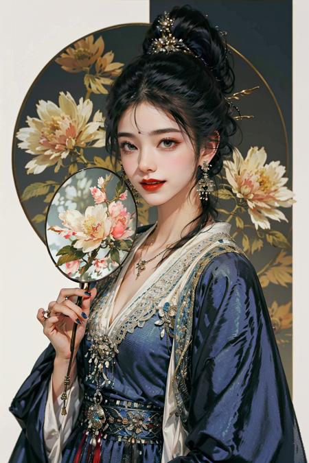 a woman in a blue dress holding a fan and a flower in her hand and a mirror in her hand, 1girl, jewelry, earrings, solo, hand fan, holding fan, hanfu, black hair, holding, chinese clothes, hair ornament, red lips, flower, smile, long sleeves, necklace, updo, upper body, dress, red nails, makeup, lipstick, nail polish, hair bun, shawl, black eyes, tassel, norfleetï¼
Best quality,masterpiece,ultra high res,<lora:jyy:0.7>,