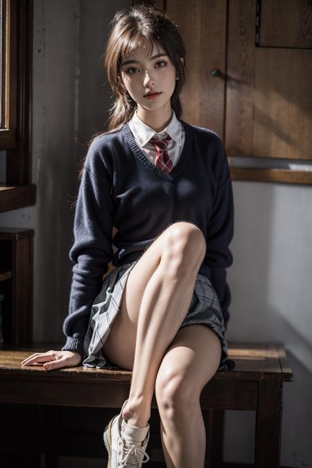 Best quality,masterpiece,ultra high res,(photorealistic:1.4),raw photo,(slender legs)(beautiful hands)(normal body shape),dynamic pose,1girl,solo,school uniform,in the dark,deep shadow,low key,cold light 12000K,<lora:FilmG2:0.5> <lora:faceA-05:0.5>,