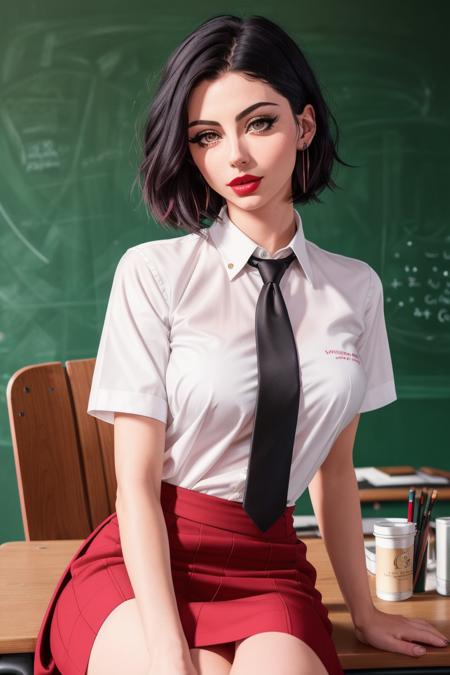 photo of noemielili:0.99, a woman,((short hair)), ((cowboy shot, waist, hips, thighs):1.1), ((sitting):1.3),((red lipstick, eyeliner, eye shadow):1.2), ((classroom, chalkboard, desk):1.1),((white shirt, necktie, skirt):1.2) ((best quality, masterpiece, extreme details, high resolution):1.2), ((beautiful eyes, detailed eyes, detailed face, beautiful face):1.2), modelshoot style, (extremely detailed CG unity 8k wallpaper), photo of the most beautiful artwork in the world, professional majestic (photography by Steve McCurry), 8k uhd, dslr, soft lighting, high quality, film grain, Fujifilm XT3 sharp focus, f 5.6, High Detail, Sharp focus, dramatic