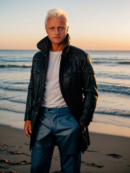 <lora:roy_batty-black jacket-29:1> roy_batty,black jacket,blue pants,standing,at beach,golden hour,masterpiece,bokeh,dof,soft lighting