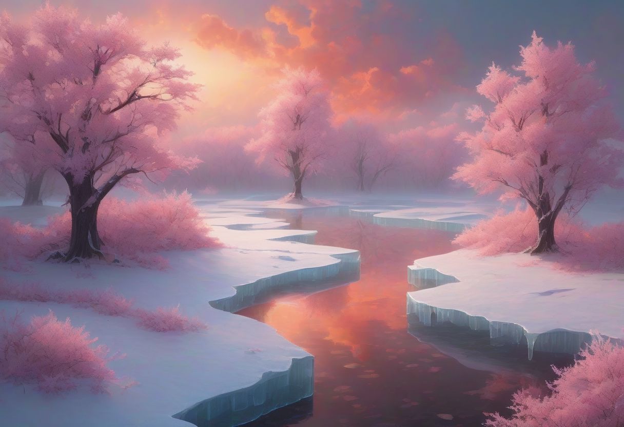 a surreal landscape, where the ground is made of clouds and the trees are made of ice The scene is filled with a sense of other worldliness and intrigue, as the viewer is transported to a world unlike any other. The sun casts a pink and orange glow over the scene, illuminating the delicate ice branches and the billowy cloud ground. The scene is quiet and peaceful, inviting contemplation and reflection.