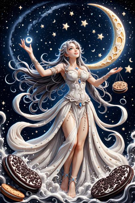Mystical anime sorceress summoning moonlight magic, creamy cookie, dressed in a flowing silver gown adorned with crescent moons, her hands raised to the sky, radiant beams of moonlight cascading down, surrounded by glowing crystals and floating spell books, the night sky filled with stars, glowing magical symbols floating around her, tranquil yet powerful presence, Cartoon watercolor painting style, playful cartoon character, dynamic composition, whimsical expression, soft and fluid texture, adds charm and personality, subtle gradients and blending, captures light and atmosphere, creates soft and dreamy scenes, watercolor texture, made of creamy cookies SDXLposXL,