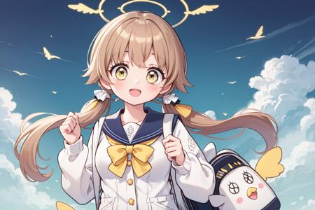 <lora:hifumi-t94-e6:1>
ajitani hifumi
, 1girl
, school uniform, halo, [yellow eyes, long sleeves,  low twintails, light brown hair, black pantyhose:4]
, :o, :d, [(blush:0.8):4], backpack, holding strap
, looking at viewer, [medium breasts:(large breasts:0.9):4], solo.
close-up.