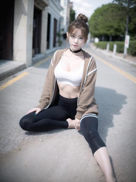 best quality, ultra high res, (photorealistic:1.4), 1girl, loose and oversized black open jacket, choker, white sports bra, (yoga pants:1), big breasts, (light brown hairbun:1.2), looking at viewer, cute, full body, streets, outdoors