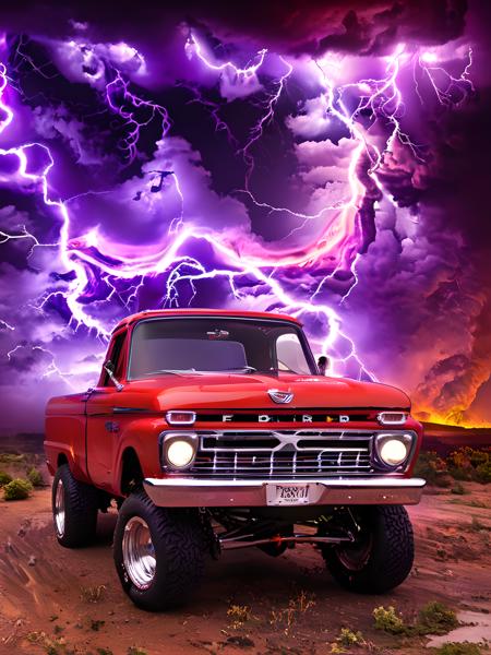 f0rd66pu, truck, red body, (lifted), massive ((purple) (tornado:1.5)) in the background, fire, lightning, <lora:f0rd66pu_SDXL_v1_32:1> <lora:xl_more_art-full_v1:1.5>